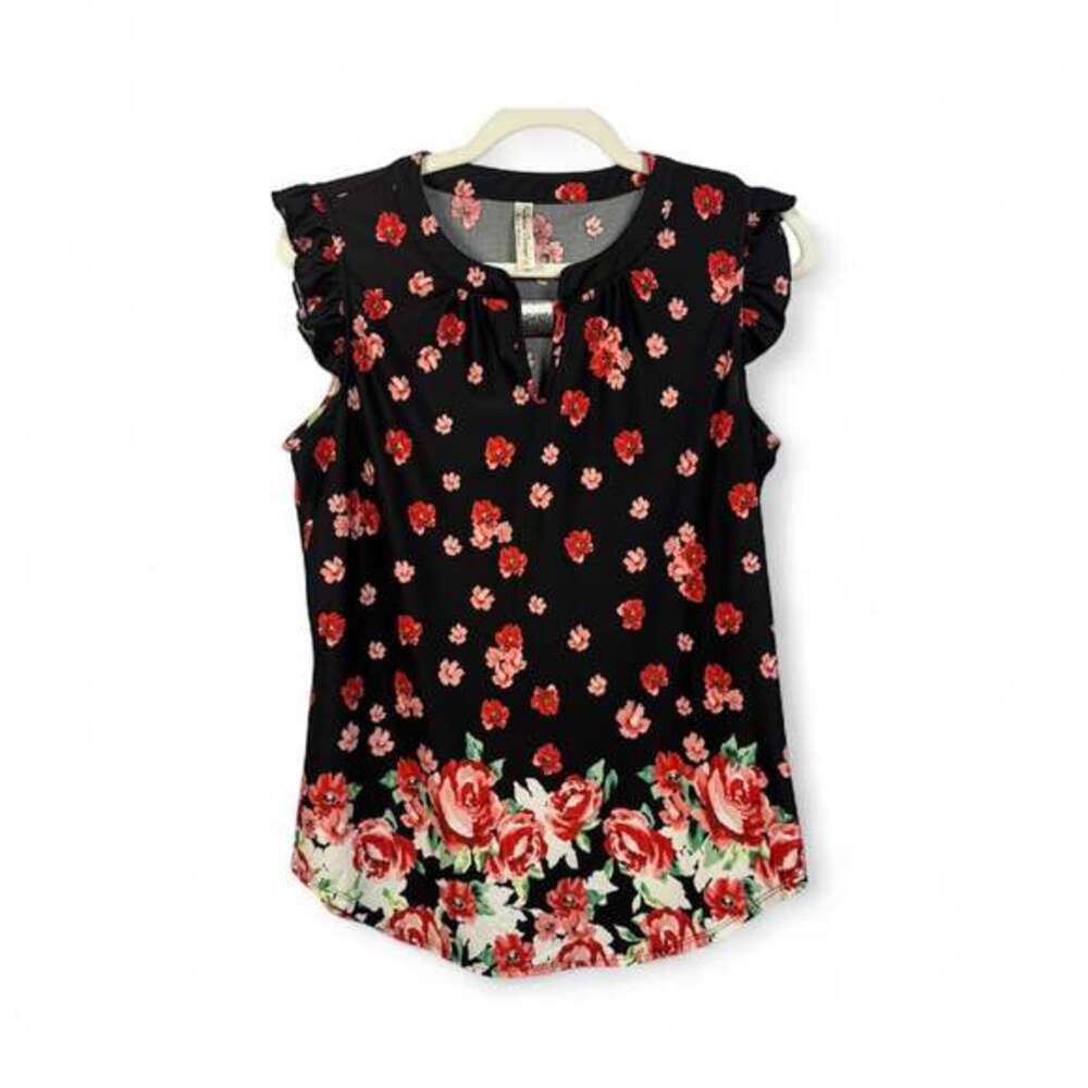 Perception Concept Floral Sleeveless Blouse with Ruffled Neck